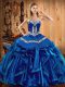 Most Popular Sleeveless Floor Length Embroidery and Ruffles Lace Up Sweet 16 Dress with Blue