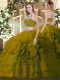 Olive Green Tulle Backless High-neck Sleeveless Floor Length Quinceanera Gown Beading and Ruffled Layers