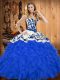 Latest Satin and Organza Sleeveless Floor Length Vestidos de Quinceanera and Embroidery and Ruffles