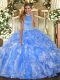 Elegant Sleeveless Organza Floor Length Backless Quinceanera Gowns in Baby Blue with Beading and Ruffles