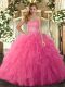 Inexpensive Hot Pink Tulle Lace Up Quince Ball Gowns Sleeveless Floor Length Ruffles
