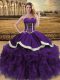 Organza Sweetheart Sleeveless Lace Up Beading and Ruffles Sweet 16 Dresses in Purple
