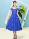 Deluxe Lace Off The Shoulder Cap Sleeves Lace Up Bowknot Wedding Guest Dresses in Blue