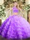 Custom Design Lavender Two Pieces High-neck Sleeveless Tulle Floor Length Backless Beading and Ruffled Layers Ball Gown Prom Dress