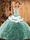 Vintage Strapless Sleeveless Sweep Train Lace Up Quince Ball Gowns Multi-color Satin and Fabric With Rolling Flowers