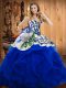 Graceful Sweetheart Sleeveless Ball Gown Prom Dress Floor Length Embroidery and Ruffles Blue Satin and Organza