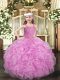 Rose Pink Ball Gowns Beading and Ruffles Pageant Dress for Girls Lace Up Organza Sleeveless Floor Length