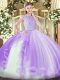 Lavender Ball Gowns Beading and Ruffles Sweet 16 Dresses Zipper Tulle Sleeveless Floor Length