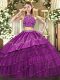 Floor Length Burgundy 15th Birthday Dress Tulle Sleeveless Beading and Embroidery and Ruffled Layers