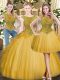 Scoop Sleeveless Zipper Quinceanera Gowns Gold Tulle