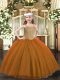 Sweet Brown Tulle Lace Up Straps Sleeveless Floor Length Little Girl Pageant Gowns Beading