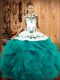 Embroidery and Ruffles Quinceanera Dress Teal Lace Up Sleeveless Floor Length