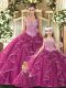 Fuchsia Sleeveless Floor Length Beading and Ruffles Lace Up 15 Quinceanera Dress