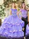 Traditional Lavender Quince Ball Gowns Military Ball and Sweet 16 and Quinceanera with Beading and Ruffled Layers Scoop Sleeveless Lace Up