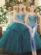 Comfortable Floor Length Lace Up 15 Quinceanera Dress Teal for Military Ball and Quinceanera with Beading and Ruffles