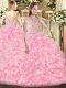 Rose Pink Ball Gowns Beading and Ruffles Vestidos de Quinceanera Zipper Tulle Sleeveless Floor Length