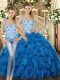 Charming Blue Organza Lace Up Quinceanera Dress Sleeveless Floor Length Beading and Ruffles