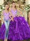 Hot Selling Eggplant Purple Tulle Lace Up Quince Ball Gowns Sleeveless Floor Length Beading and Ruffles