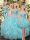 Comfortable Aqua Blue Organza Lace Up Sweetheart Sleeveless Floor Length Ball Gown Prom Dress Beading and Ruffles