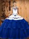 Glorious Sweep Train Ball Gowns Quinceanera Gown Blue Halter Top Organza Sleeveless Lace Up