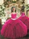 Hot Pink Tulle Lace Up Straps Sleeveless Floor Length Pageant Gowns For Girls Appliques and Ruffles