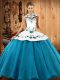 Fine Teal Ball Gowns Satin and Tulle Halter Top Sleeveless Embroidery Floor Length Lace Up Sweet 16 Dress