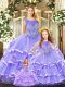 Sleeveless Organza Floor Length Lace Up 15 Quinceanera Dress in Lavender with Beading and Ruffled Layers