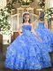 Straps Sleeveless Girls Pageant Dresses Floor Length Beading and Ruffled Layers Baby Blue Organza