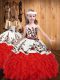Stunning Red Lace Up Little Girls Pageant Dress Embroidery and Ruffles Sleeveless Floor Length