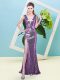 V-neck Sleeveless Zipper Prom Gown Lavender Sequined