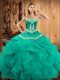 Elegant Turquoise Satin and Organza Lace Up Sweet 16 Quinceanera Dress Sleeveless Floor Length Embroidery and Ruffles
