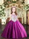 Fuchsia Ball Gowns Tulle Scoop Sleeveless Beading and Appliques Floor Length Zipper Little Girl Pageant Dress