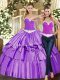 Sleeveless Organza Floor Length Lace Up Ball Gown Prom Dress in Eggplant Purple with Appliques and Ruffles