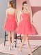 Fashionable Asymmetric Sleeveless Prom Party Dress Mini Length Beading and Hand Made Flower Coral Red Organza