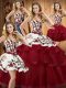 Edgy Wine Red Lace Up Sweetheart Embroidery Quinceanera Gown Organza Sleeveless Sweep Train