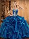 Sleeveless Floor Length Embroidery and Ruffles Lace Up Quinceanera Gown with Blue