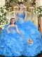 Superior Baby Blue Ball Gowns Beading and Ruffles Quince Ball Gowns Lace Up Tulle Sleeveless Floor Length