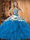 Custom Design Tulle Sweetheart Sleeveless Lace Up Embroidery and Ruffles 15th Birthday Dress in Teal