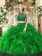 Luxury Floor Length Green Quince Ball Gowns Halter Top Sleeveless Zipper
