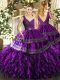 Wonderful Sleeveless Organza Floor Length Backless Sweet 16 Dress in Eggplant Purple with Beading and Ruffles and Ruching