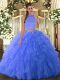 Edgy Blue Tulle Backless Halter Top Sleeveless Floor Length Sweet 16 Dress Beading and Ruffles