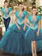 Straps Sleeveless Lace Up Ball Gown Prom Dress Teal Tulle