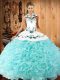 Excellent Aqua Blue Quinceanera Gown Military Ball and Sweet 16 and Quinceanera with Embroidery Halter Top Sleeveless Lace Up