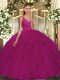 Tulle V-neck Sleeveless Backless Beading and Ruffles Quince Ball Gowns in Fuchsia