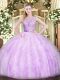 Lilac Backless 15 Quinceanera Dress Lace and Ruffles Sleeveless Floor Length