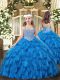 Beauteous Baby Blue Girls Pageant Dresses Party and Sweet 16 and Quinceanera and Wedding Party with Beading and Ruffles Straps Sleeveless Lace Up