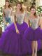 Artistic Purple Lace Up Bateau Beading and Ruffles Quince Ball Gowns Organza Sleeveless
