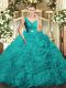 Superior Sleeveless Fabric With Rolling Flowers Floor Length Backless Ball Gown Prom Dress in Turquoise with Beading and Ruching