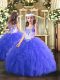Sleeveless Tulle Floor Length Lace Up Little Girls Pageant Gowns in Blue with Beading and Ruffles