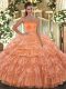Low Price Orange Sleeveless Organza Lace Up Ball Gown Prom Dress for Military Ball and Sweet 16 and Quinceanera